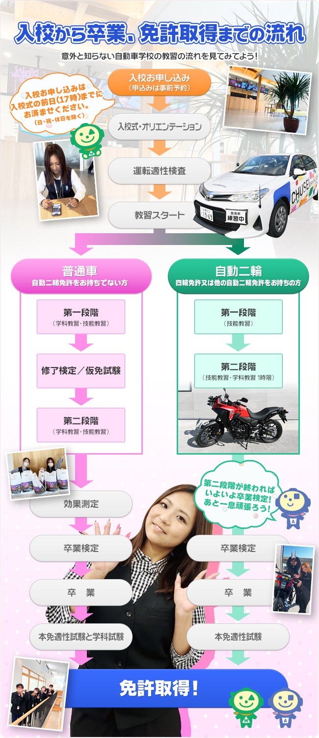入校から卒業、免許取得までの流れ